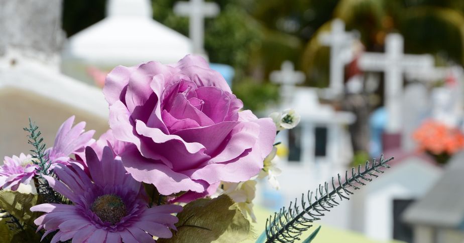 cemetery flowers with crosses in background