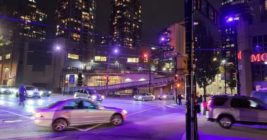 night street scene with purple lighting