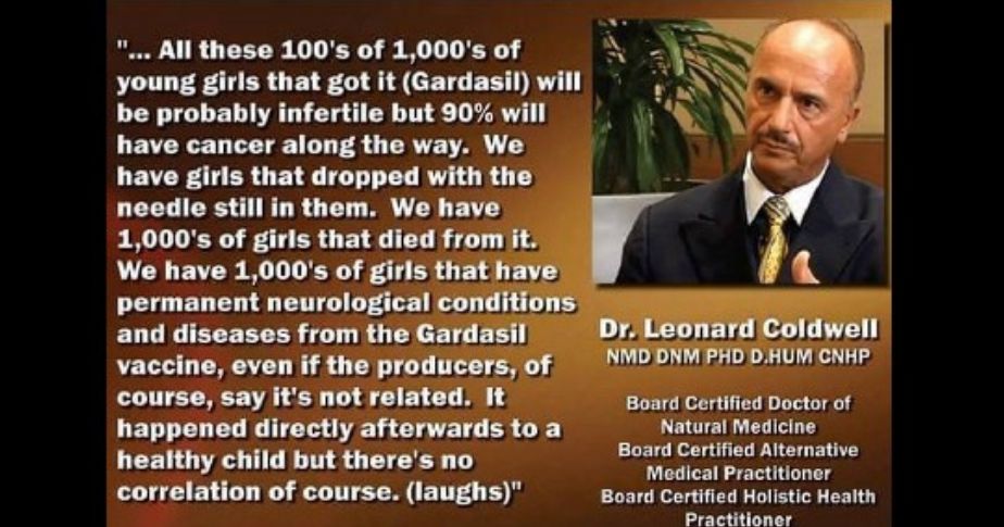 Dr Leonard Coldwell meme with text about gardasil injection