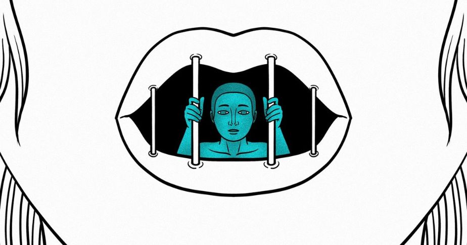woman caricature imprisoned in mouth